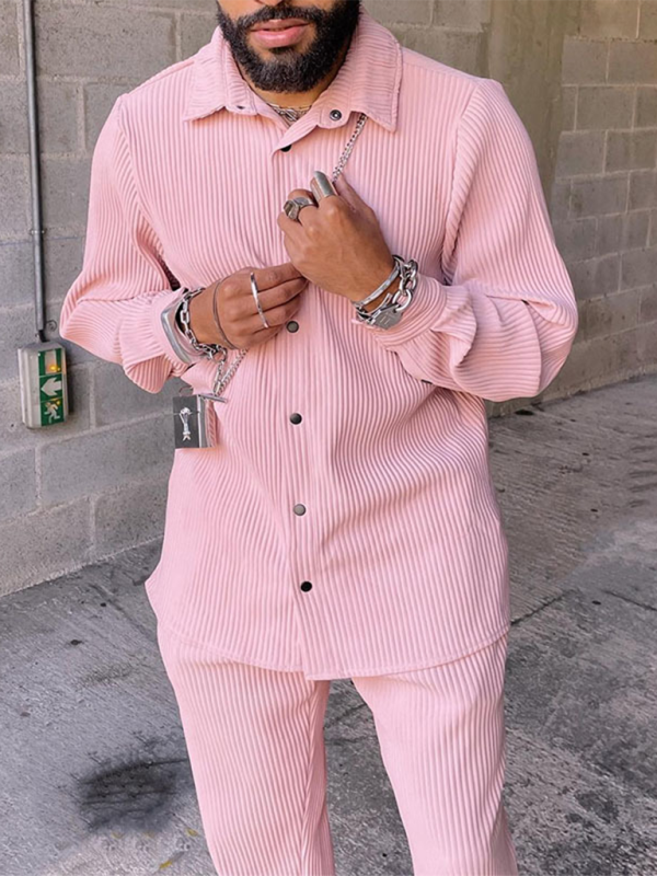 Men’s Casual Loose Long Sleeve Corduroy Pants Suit - Pink / S