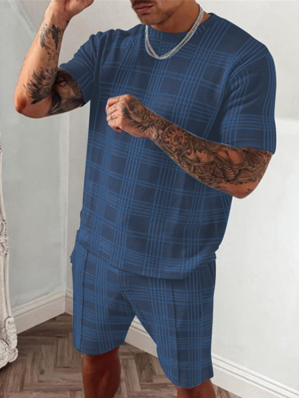 Men’s casual plaid short-sleeved T-shirt + shorts two-piece set - Black / S