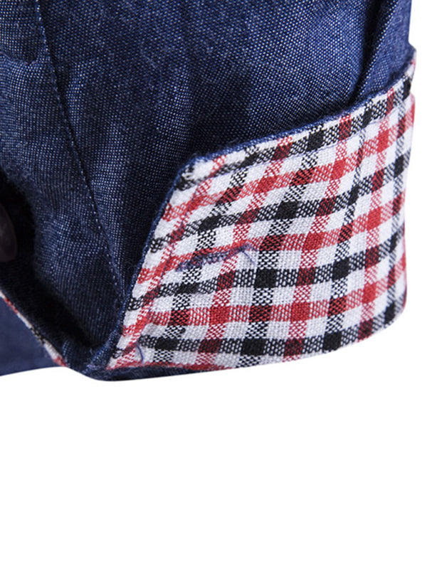 Men’s Casual Shirt Pocket Patch Leather Long Sleeve Shirt Denim Shirt