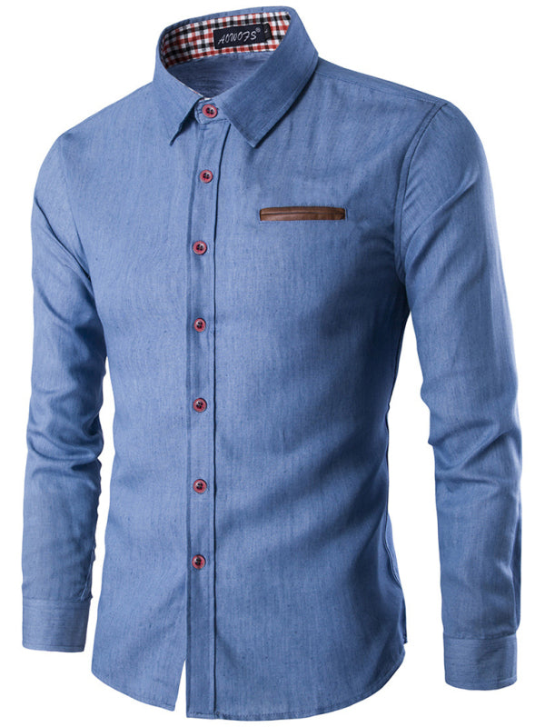 Men’s Casual Shirt Pocket Patch Leather Long Sleeve Shirt Denim Shirt