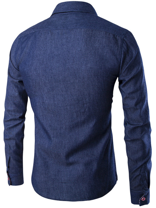 Men’s Casual Shirt Pocket Patch Leather Long Sleeve Shirt Denim Shirt