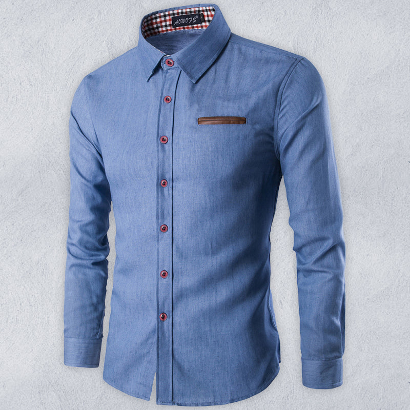 Men’s Casual Shirt Pocket Patch Leather Long Sleeve Shirt Denim Shirt - Clear blue / M
