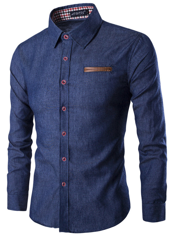Men’s Casual Shirt Pocket Patch Leather Long Sleeve Shirt Denim Shirt - Purplish blue navy / M