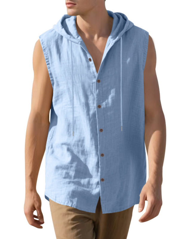 Men’s Casual Sleeveless Waistcoat Shirt Linen Hooded Solid Color Breathable Loose Top - Clear blue / S