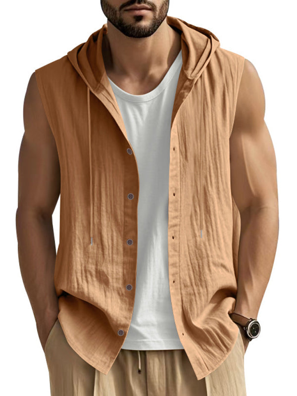 Men’s Casual Sleeveless Waistcoat Shirt Linen Hooded Solid Color Breathable Loose Top