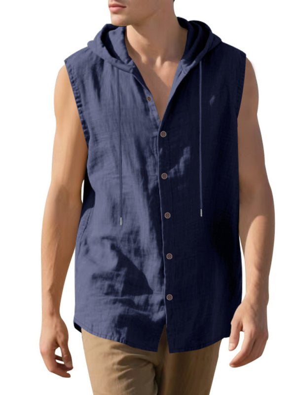 Men’s Casual Sleeveless Waistcoat Shirt Linen Hooded Solid Color Breathable Loose Top - Champlain color / S