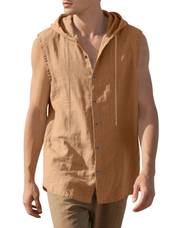 Men’s Casual Sleeveless Waistcoat Shirt Linen Hooded Solid Color Breathable Loose Top - Earth yellow / S