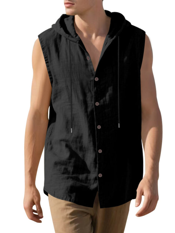 Men’s Casual Sleeveless Waistcoat Shirt Linen Hooded Solid Color Breathable Loose Top - Black / S
