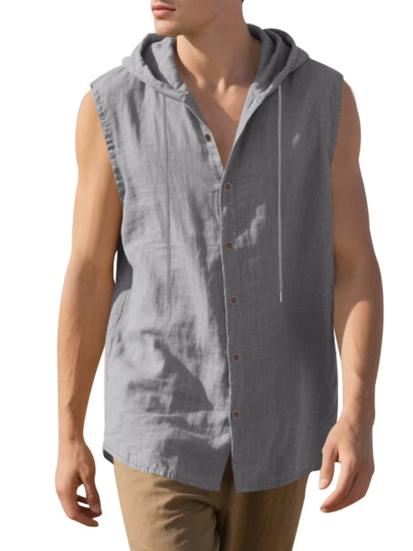 Men’s Casual Sleeveless Waistcoat Shirt Linen Hooded Solid Color Breathable Loose Top - Grey / S