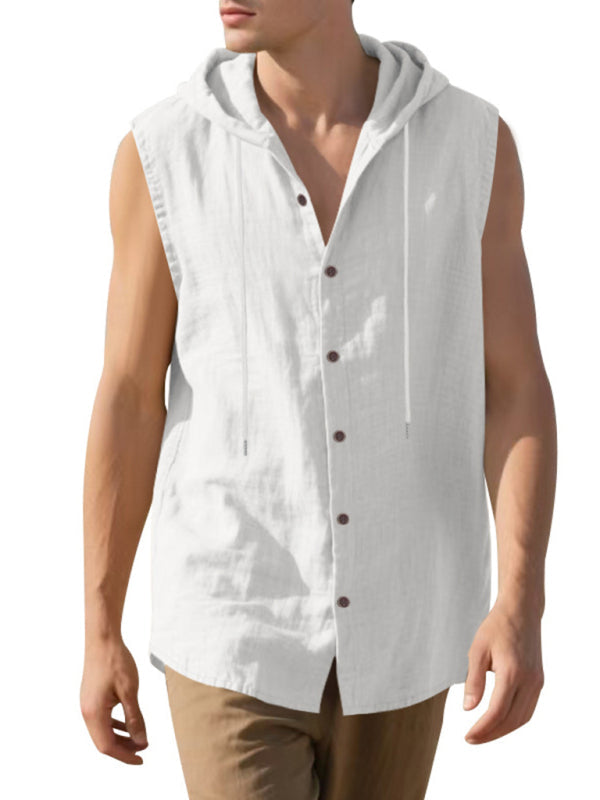Men’s Casual Sleeveless Waistcoat Shirt Linen Hooded Solid Color Breathable Loose Top - White / S