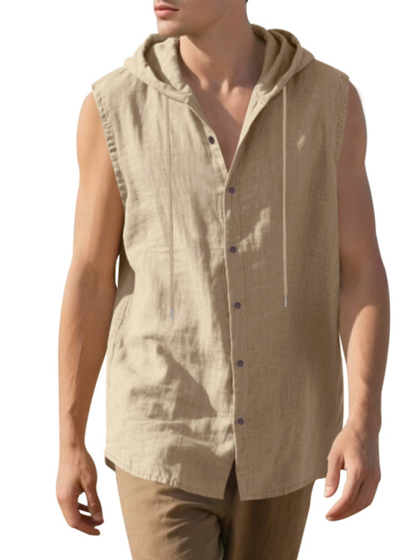 Men’s Casual Sleeveless Waistcoat Shirt Linen Hooded Solid Color Breathable Loose Top - Khaki / S