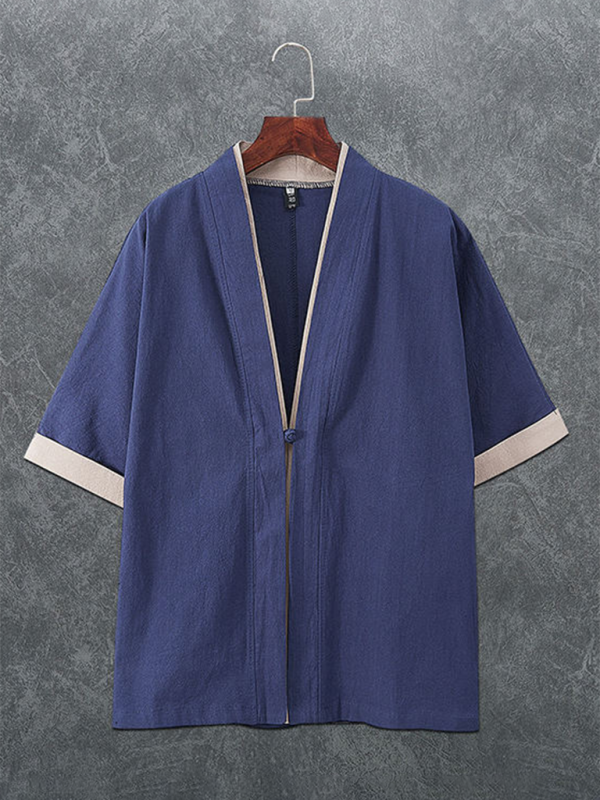 Men’s casual solid color disc button casual linen T-shirt