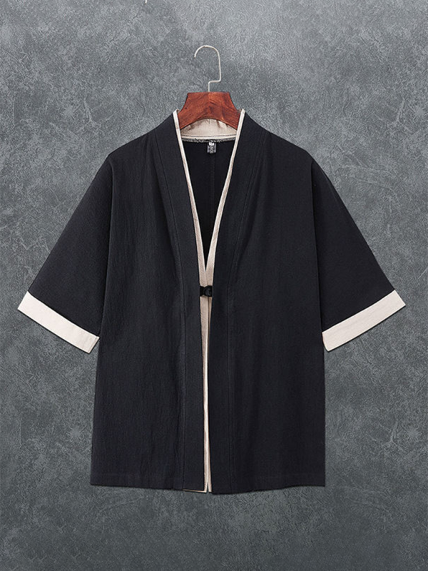 Men’s casual solid color disc button casual linen T-shirt - Black / M