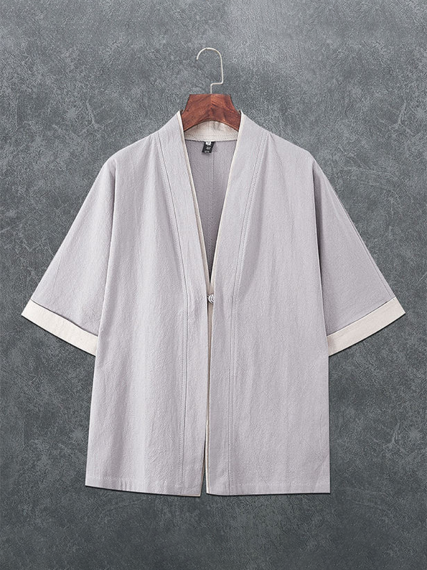 Men’s casual solid color disc button casual linen T-shirt - Grey / M