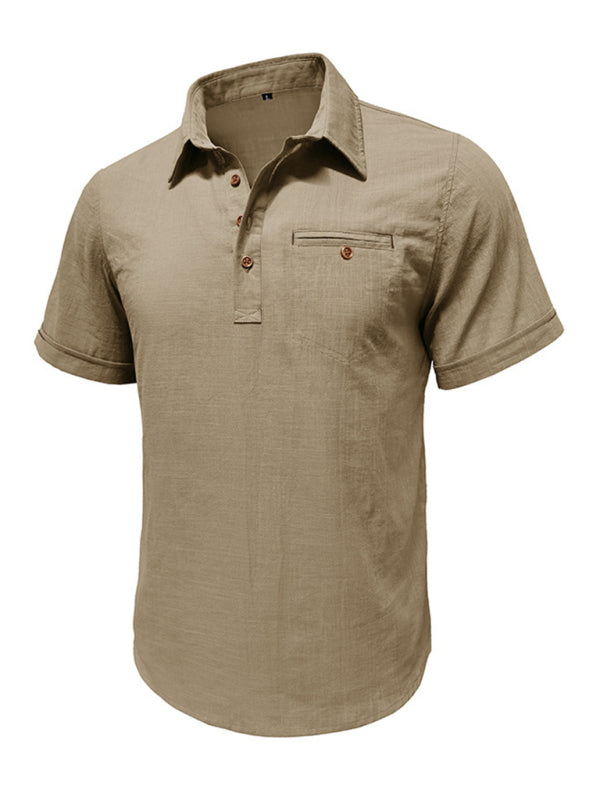 Men’s casual solid color lapel short-sleeved tops