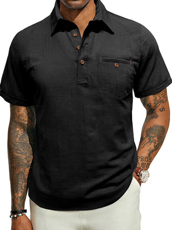Men’s casual solid color lapel short-sleeved tops - Black / S
