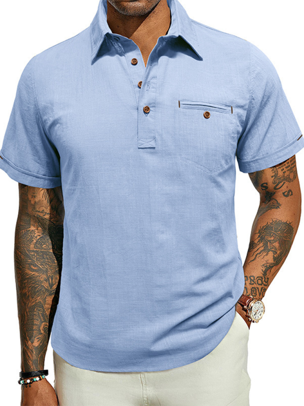 Men’s casual solid color lapel short-sleeved tops - Clear blue / S