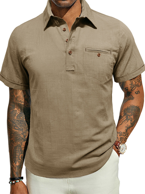 Men’s casual solid color lapel short-sleeved tops - Khaki / S