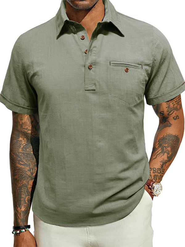 Men’s casual solid color lapel short-sleeved tops - Olive green / S