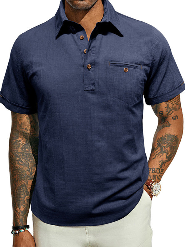 Men’s casual solid color lapel short-sleeved tops - Royal blue / S