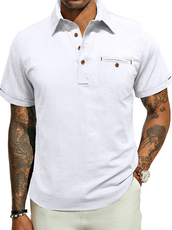 Men’s casual solid color lapel short-sleeved tops - White / S