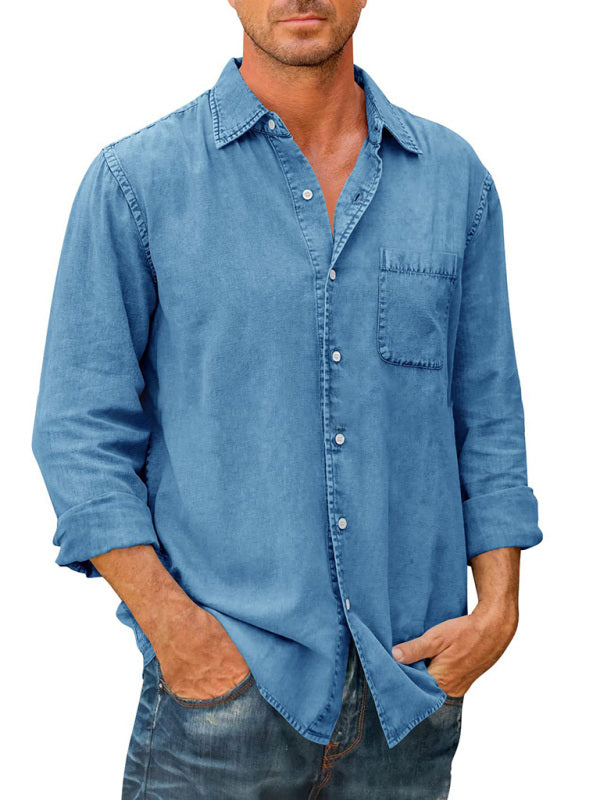 Men’s Casual Solid Color Long Sleeve Shirt Slim Fit Lapel Shirt