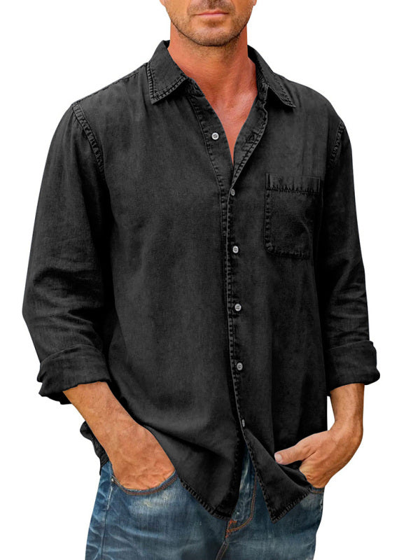 Men’s Casual Solid Color Long Sleeve Shirt Slim Fit Lapel Shirt - Black / S