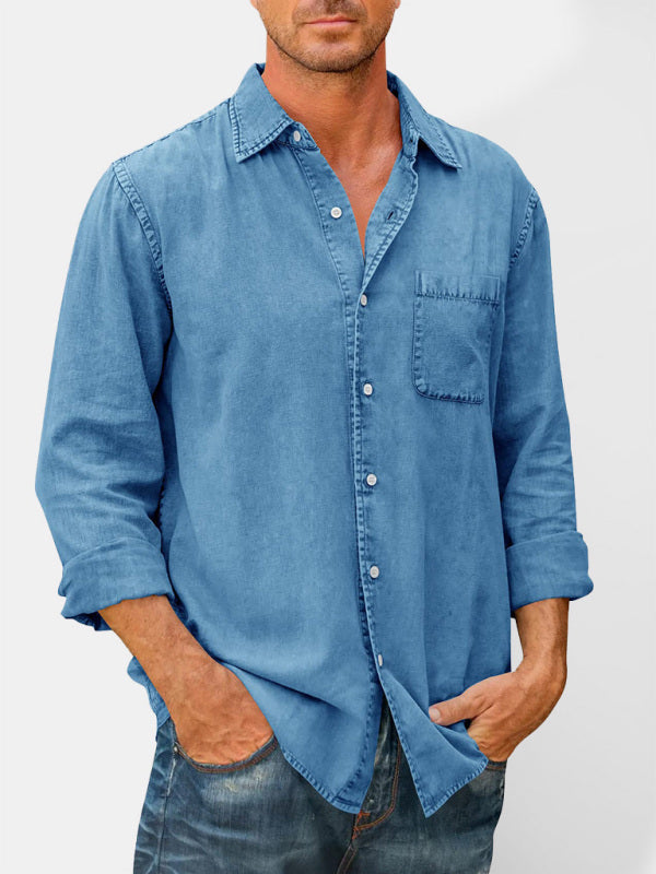 Men’s Casual Solid Color Long Sleeve Shirt Slim Fit Lapel Shirt - Blue / S
