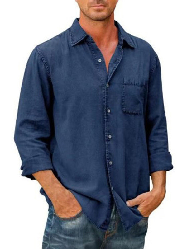Men’s Casual Solid Color Long Sleeve Shirt Slim Fit Lapel Shirt - Champlain color / S