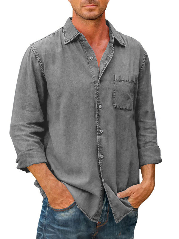Men’s Casual Solid Color Long Sleeve Shirt Slim Fit Lapel Shirt - Grey / S