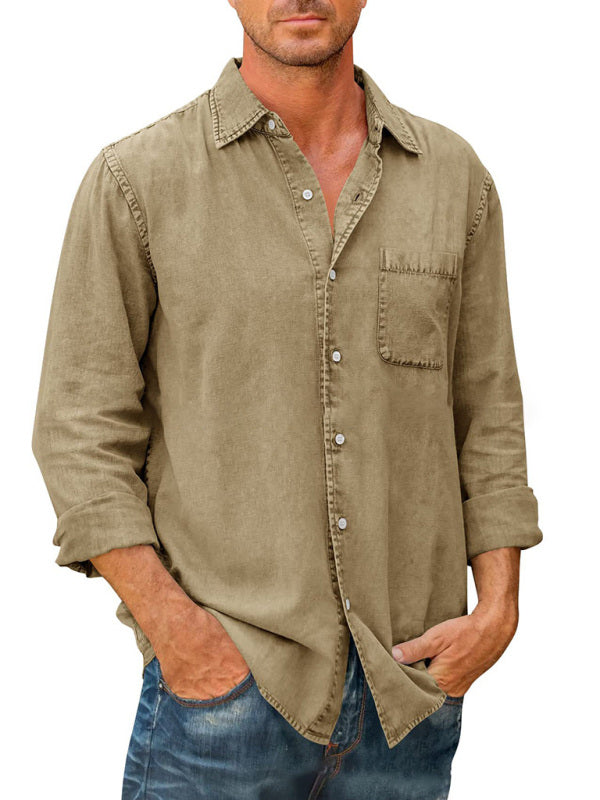 Men’s Casual Solid Color Long Sleeve Shirt Slim Fit Lapel Shirt - Khaki / S