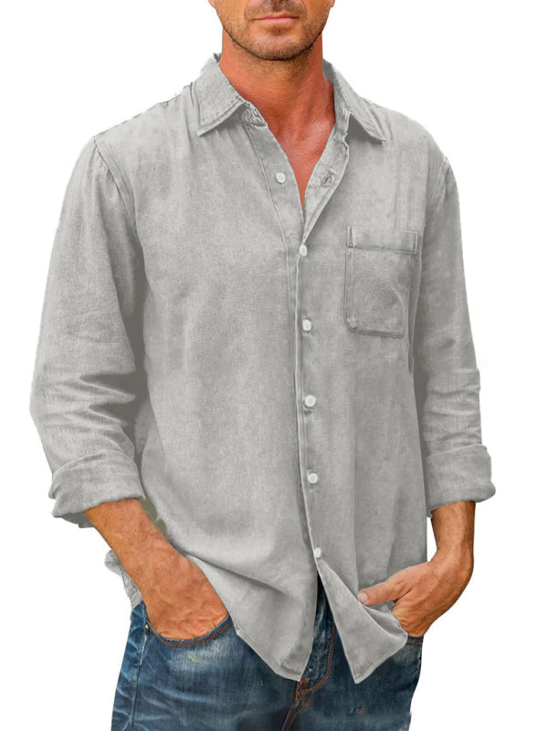Men’s Casual Solid Color Long Sleeve Shirt Slim Fit Lapel Shirt - Misty grey / S
