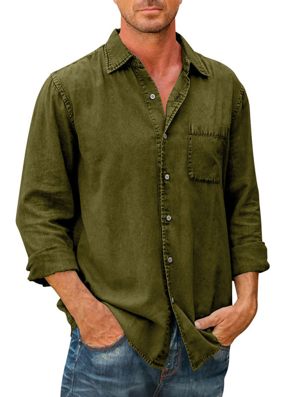 Men’s Casual Solid Color Long Sleeve Shirt Slim Fit Lapel Shirt - Olive green / S