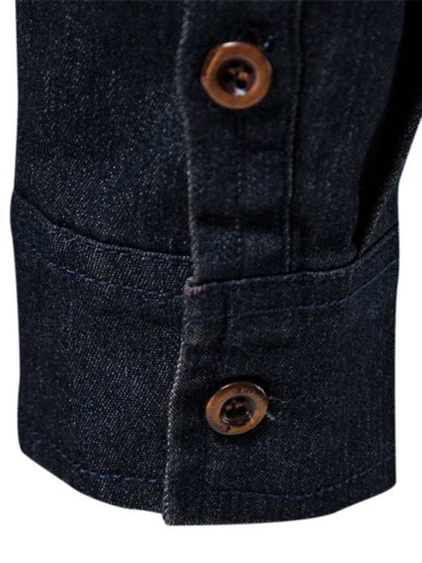 Men’s casual solid color non-iron denim long-sleeved shirt