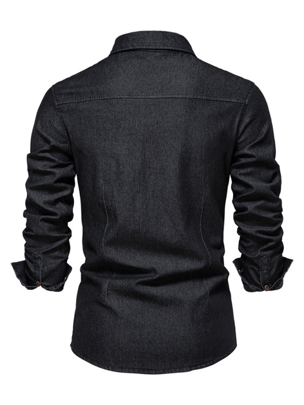 Men’s casual solid color non-iron denim long-sleeved shirt