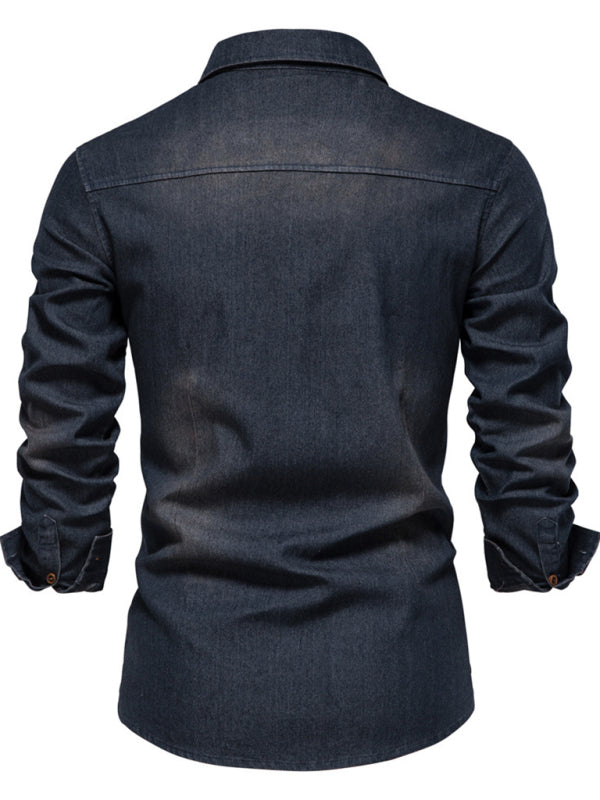 Men’s casual solid color non-iron denim long-sleeved shirt