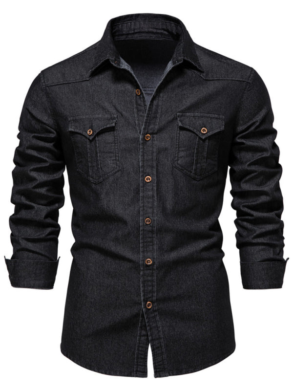 Men’s casual solid color non-iron denim long-sleeved shirt - Black / S
