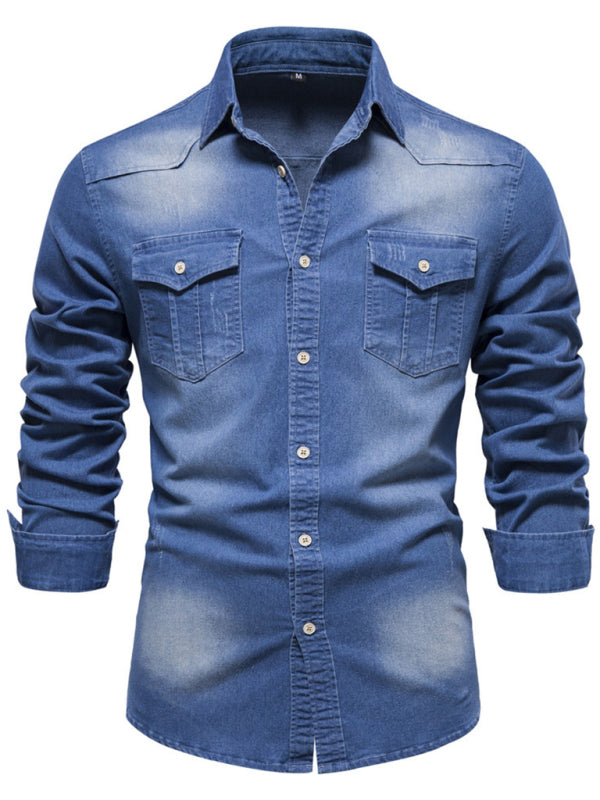 Men’s casual solid color non-iron denim long-sleeved shirt - Blue / S