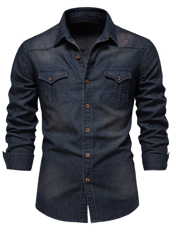 Men’s casual solid color non-iron denim long-sleeved shirt - Champlain color / S