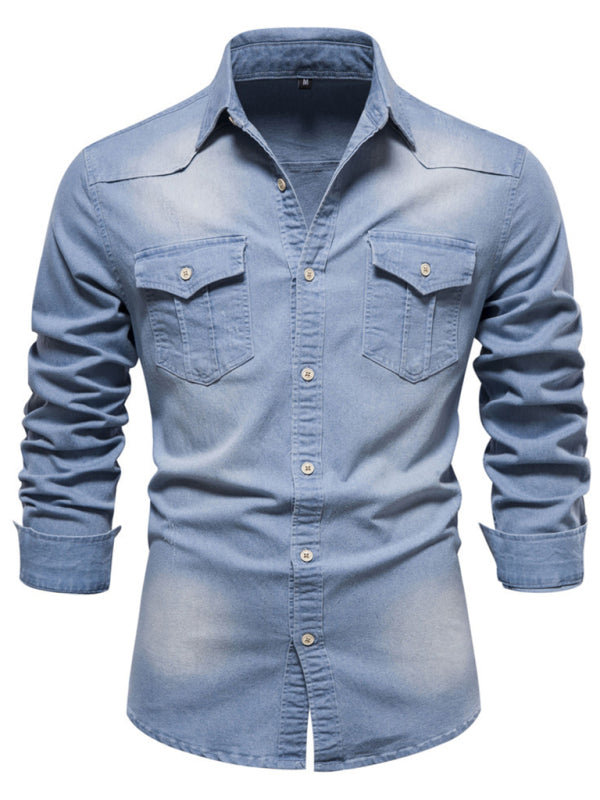 Men’s casual solid color non-iron denim long-sleeved shirt - Clear blue / S