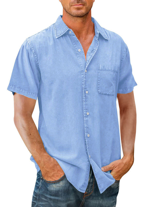 Men’s Casual Solid Color Short Sleeve Shirt Slim Fit Lapel Shirt