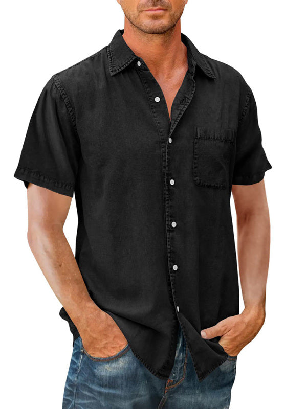 Men’s Casual Solid Color Short Sleeve Shirt Slim Fit Lapel Shirt - Black / M