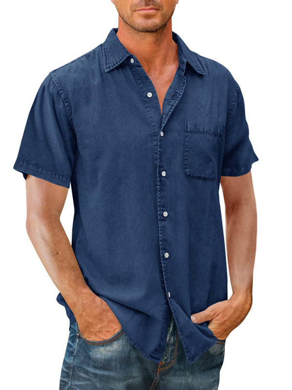 Men’s Casual Solid Color Short Sleeve Shirt Slim Fit Lapel Shirt - Champlain color / M