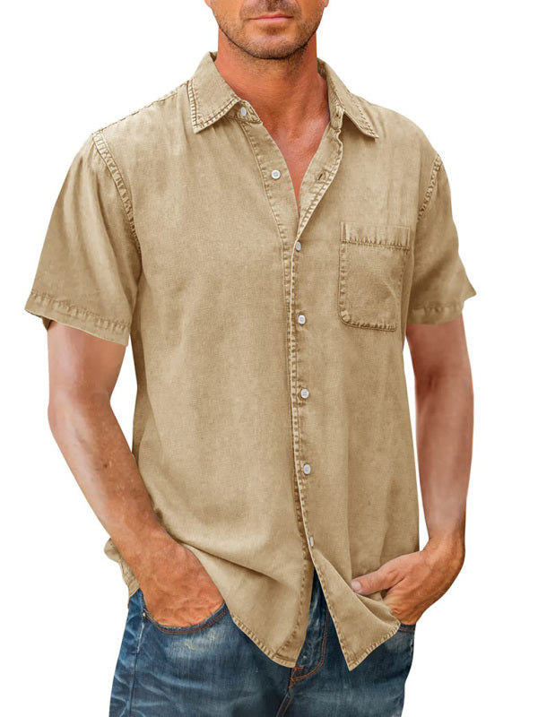 Men’s Casual Solid Color Short Sleeve Shirt Slim Fit Lapel Shirt - Cracker khaki / M