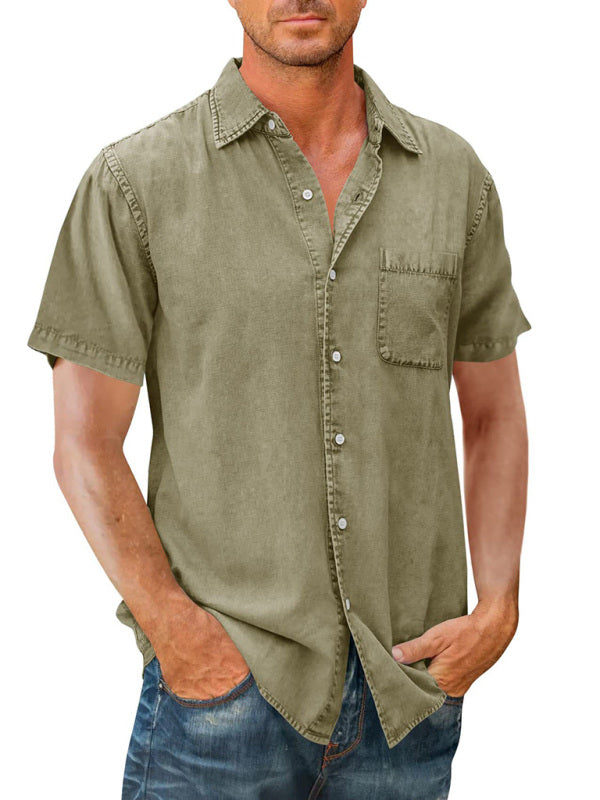 Men’s Casual Solid Color Short Sleeve Shirt Slim Fit Lapel Shirt - Olive green / M