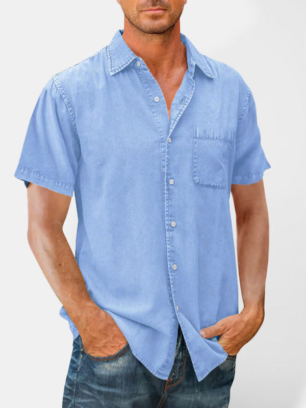 Men’s Casual Solid Color Short Sleeve Shirt Slim Fit Lapel Shirt - Sky blue azure / M