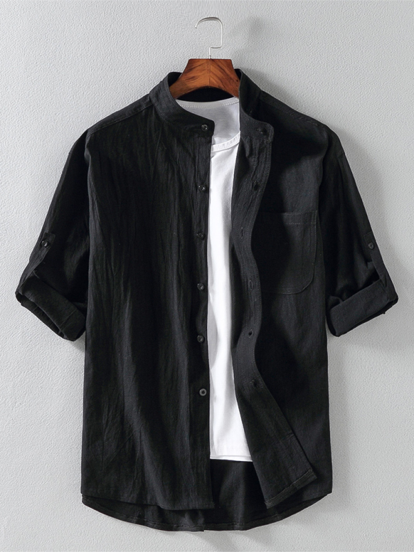 Men’s casual solid color stand collar short sleeve shirt - Black / M