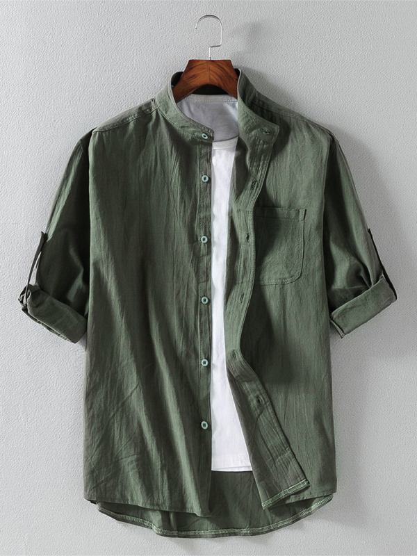Men’s casual solid color stand collar short sleeve shirt - Olive green / M