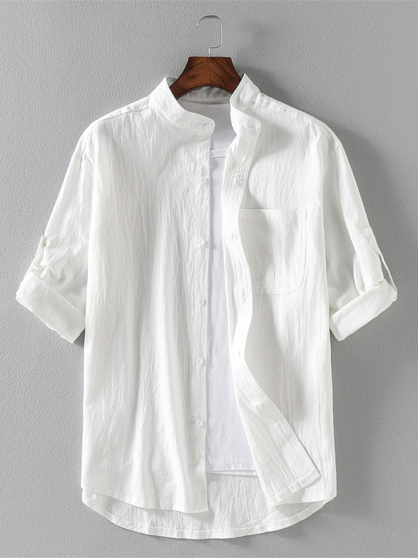 Men’s casual solid color stand collar short sleeve shirt - White / M