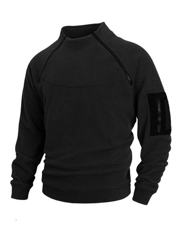 Men’s casual stand collar long sleeve pullover coral fleece jacket - Black / S